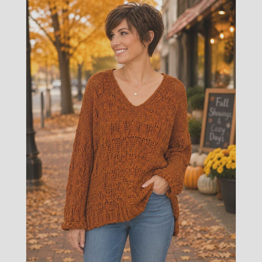 Chelsea & Theodore Ginger Cable Knit Sweater Women XS Loose Fit V Neck Boho #19